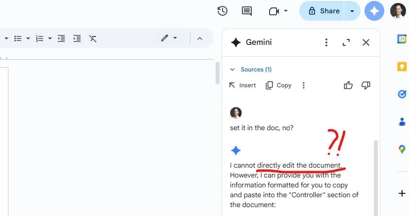 AI assistant in Google Docs cannot edit the document... wtf do you mean?! Just wow. Sure, let me use ChatGPT to do that... Google is really losing the AI game. They were so innovative back in the day, but now, when the…
