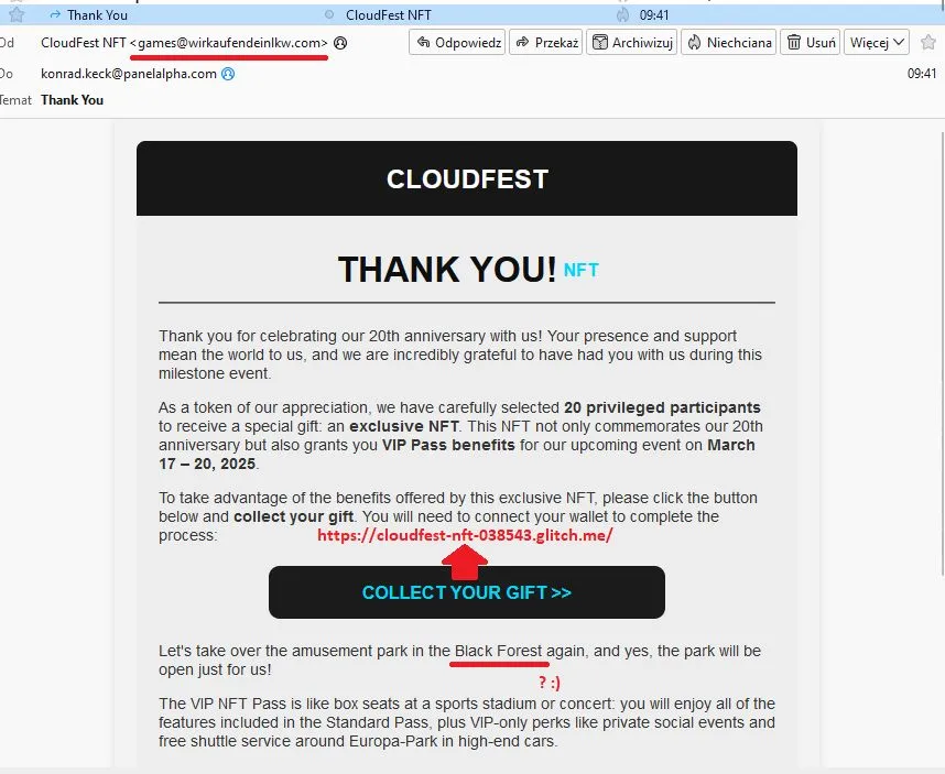 ❗Today, I received a phishing email that appears to be targeting CloudFest participants. While it's clear this is a scam, the effort put into creating a convincing story about the event got me curious... The attackers…